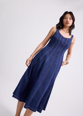 Denim Panelled Sweetheart Midi Dress