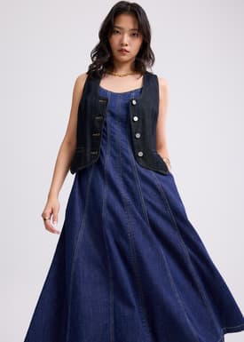 Denim Panelled Sweetheart Midi Dress