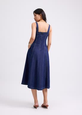 Denim Panelled Sweetheart Midi Dress