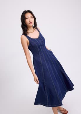 Denim Panelled Sweetheart Midi Dress