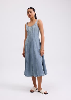 Denim Panelled Sweetheart Midi Dress