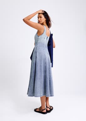 Denim Panelled Sweetheart Midi Dress