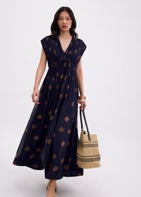 Padded Plisse V-neck Fit & Flare Maxi Dress in Brushed Dots