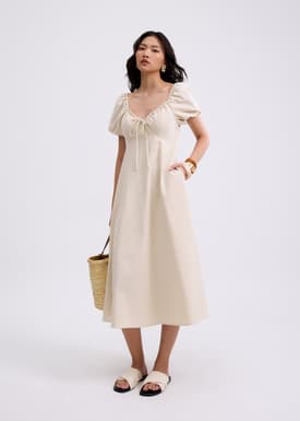 Padded Linen Sweetheart Puff Sleeve Midaxi Dress