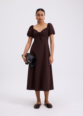 Padded Linen Sweetheart Puff Sleeve Midaxi Dress
