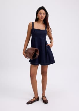 Denim Straight Neck Babydoll Mini Dress