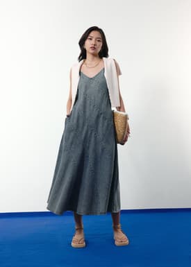 Acid Wash Denim V-neck A-line Midaxi Dress