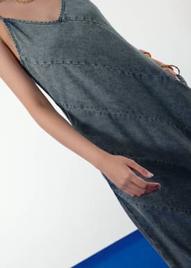 Acid Wash Denim V-neck A-line Midaxi Dress