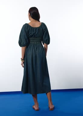 Ruched Vintage Wash Denim Fit & Flare Midaxi Dress