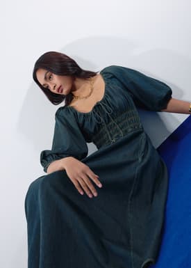 Ruched Vintage Wash Denim Fit & Flare Midaxi Dress