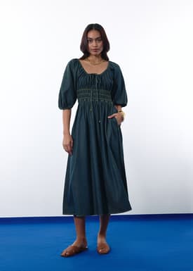 Ruched Vintage Wash Denim Fit & Flare Midaxi Dress