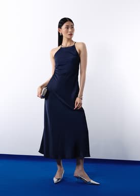 BraFree by LB Satin Halter Bias Cut Maxi Dress