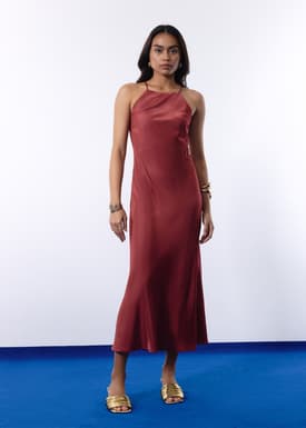 Padded Satin Halter Bias Cut Maxi Dress