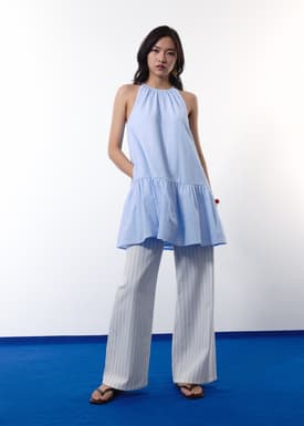 Pinstripe Seersucker Halter Trapeze Mini Dress