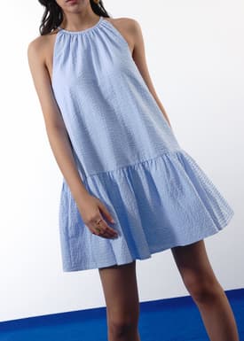 Pinstripe Seersucker Halter Trapeze Mini Dress