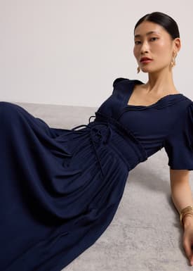 V-Neck Puff Sleeve Fit & Flare Midaxi Dress