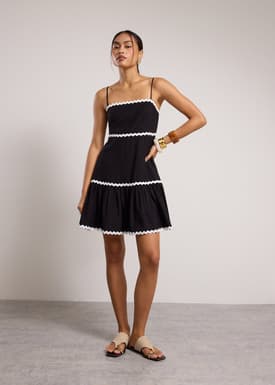 Scallop Trim Straight Neck Mini Dress