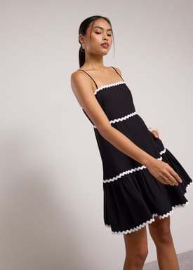 Scallop Trim Straight Neck Mini Dress