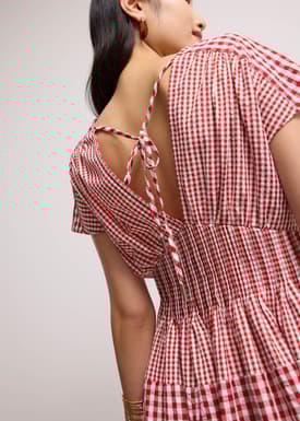 Gingham Seersucker V-neck Cap Sleeve Fit & Flare Midaxi Dress