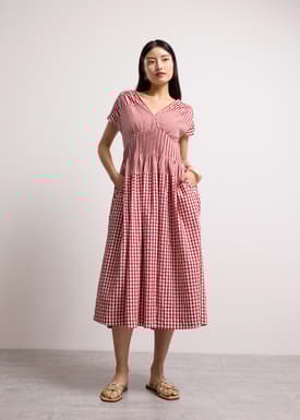 Gingham Seersucker V-neck Cap Sleeve Fit & Flare Midaxi Dress