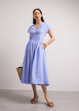 Gingham Seersucker V-neck Cap Sleeve Fit & Flare Midaxi Dress