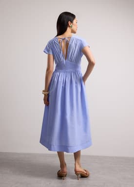 Gingham Seersucker V-neck Cap Sleeve Fit & Flare Midaxi Dress