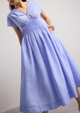 Gingham Seersucker V-neck Cap Sleeve Fit & Flare Midaxi Dress