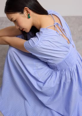 Gingham Seersucker V-neck Cap Sleeve Fit & Flare Midaxi Dress