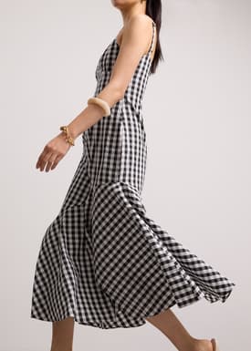 Gingham Seersucker Straight Neck Column Midaxi Dress