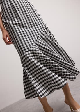 Gingham Seersucker Straight Neck Column Midaxi Dress