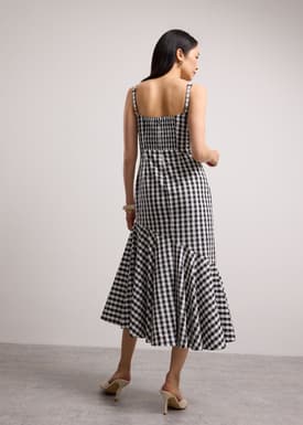 Gingham Seersucker Straight Neck Column Midaxi Dress