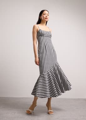 Gingham Seersucker Straight Neck Column Midaxi Dress