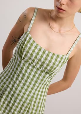 Gingham Seersucker Straight Neck Column Midaxi Dress