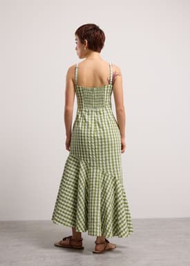 Gingham Seersucker Straight Neck Column Midaxi Dress