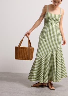 Gingham Seersucker Straight Neck Column Midaxi Dress