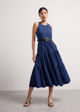 Chambray Cross Back Fit & Flare Midaxi Dress