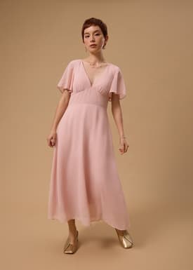 Padded Georgette Flutter Sleeve Bias Cut Midi Dress
