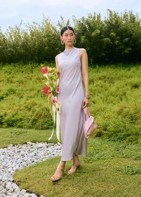 Padded Satin Cowl Neck Bias Cut Maxi Dress