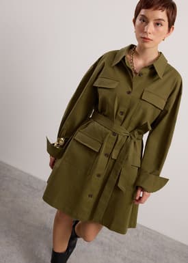 Oversized Cotton Twill Button Down Utility Shirt Dress