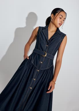 Denim Belted Fit & Flare Midaxi Dress