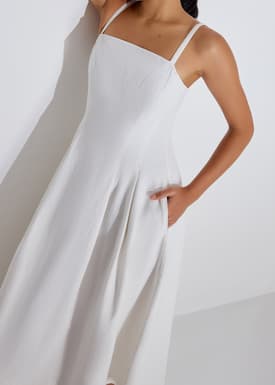 Denim Panelled Straight Neck Fit & Flare Midaxi Dress