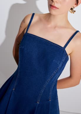 Denim Panelled Straight Neck Fit & Flare Midaxi Dress