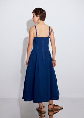 Denim Panelled Straight Neck Fit & Flare Midaxi Dress