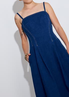 Denim Panelled Straight Neck Fit & Flare Midaxi Dress