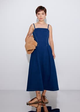 Denim Panelled Straight Neck Fit & Flare Midaxi Dress