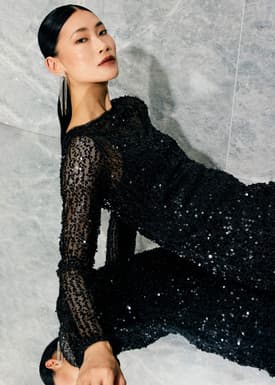 Sequinned Boat Neck Shift Mini Dress