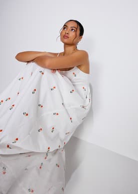 Cotton Floral Embroidery Camisole Fit & Flare Maxi Dress