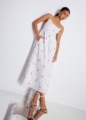 Cotton Floral Embroidery Camisole Fit & Flare Maxi Dress