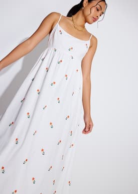 Cotton Floral Embroidery Camisole Fit & Flare Maxi Dress