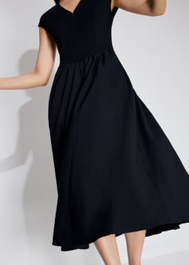 Panelled Mixed Fabric V-Neck Fit & Flare Midaxi Dress